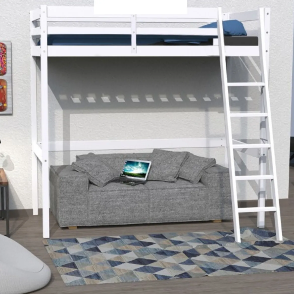 Lit mezzanine en bois massif blanc - LT14036