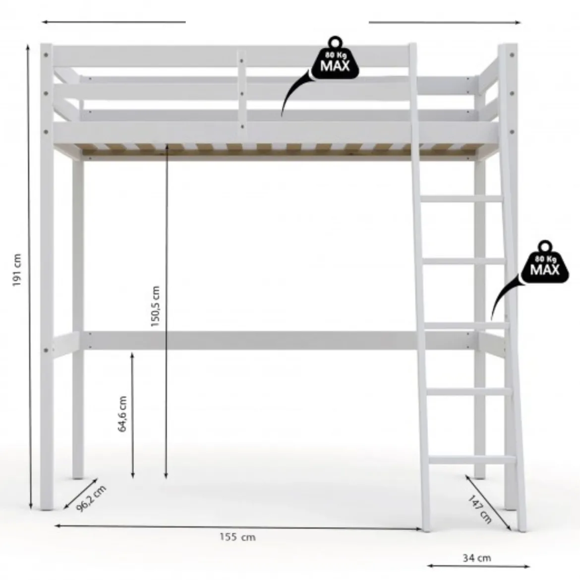 Lit mezzanine en bois massif blanc - LT14036