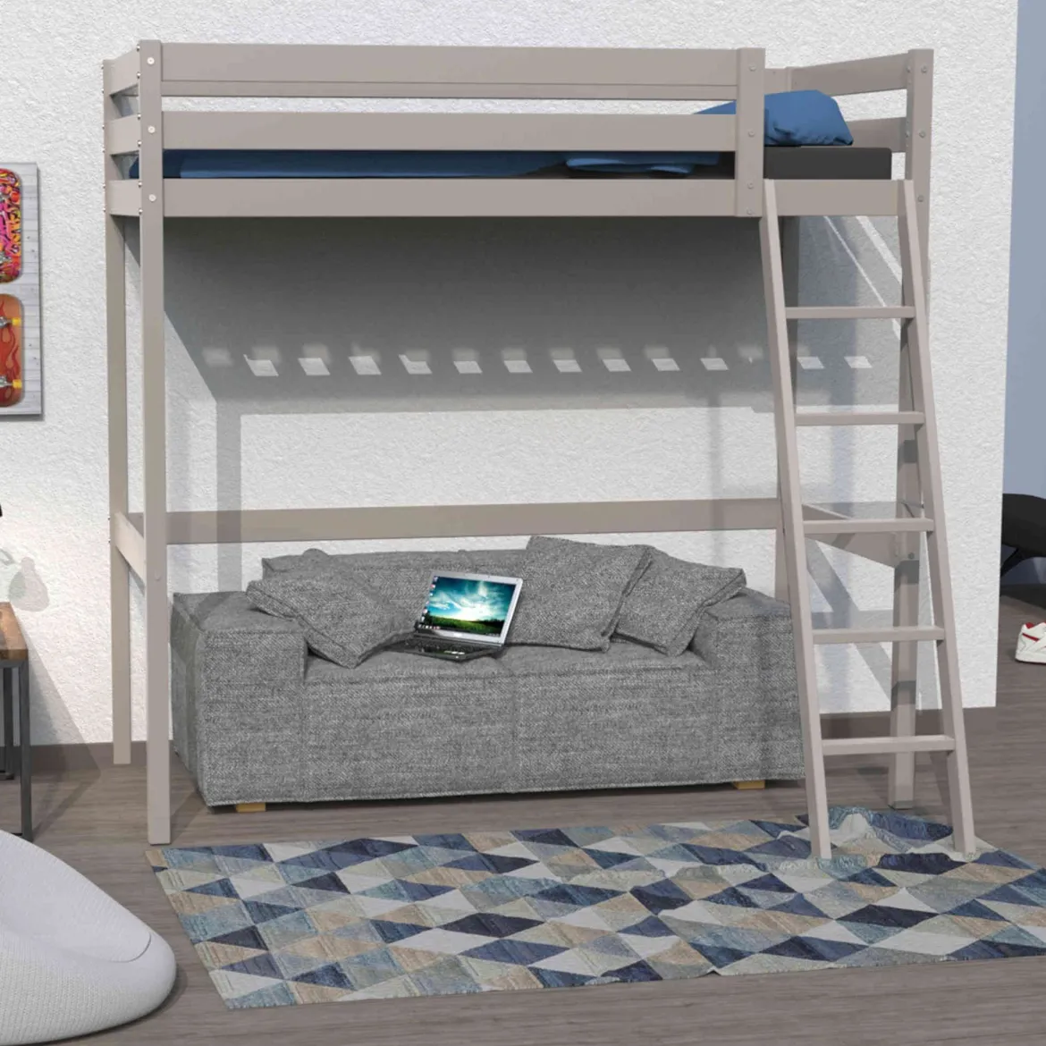 Lit mezzanine en bois massif gris - LT14036