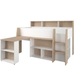 Lit mezzanine enfant 90x200 bois avec bureau escamotable et rangements - Terre de Nuit