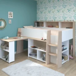 Lit mezzanine enfant 90x200 bois avec bureau escamotable et rangements - Terre de Nuit