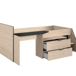 Lit mi-hauteur enfant 90x190/200 bois avec bureau et rangements chêne et noir - Terre de Nuit