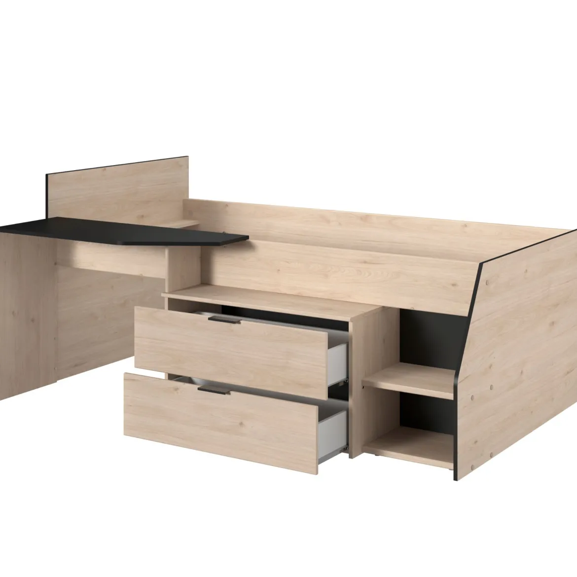 Lit mi-hauteur enfant 90x190/200 bois avec bureau et rangements chêne et noir - Terre de Nuit