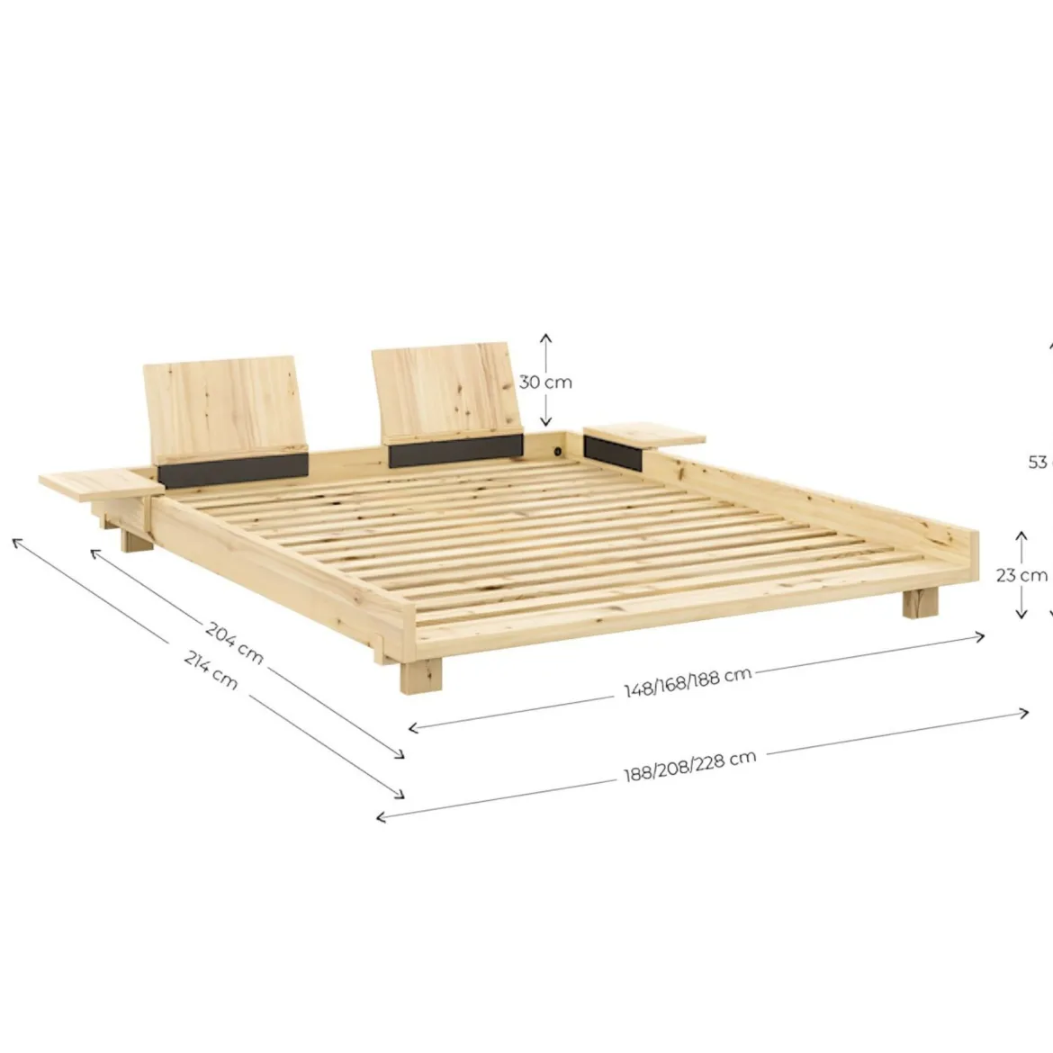 Lit SOCIAL BED en pin massif naturel avec dossiers et 2 tables de chevet