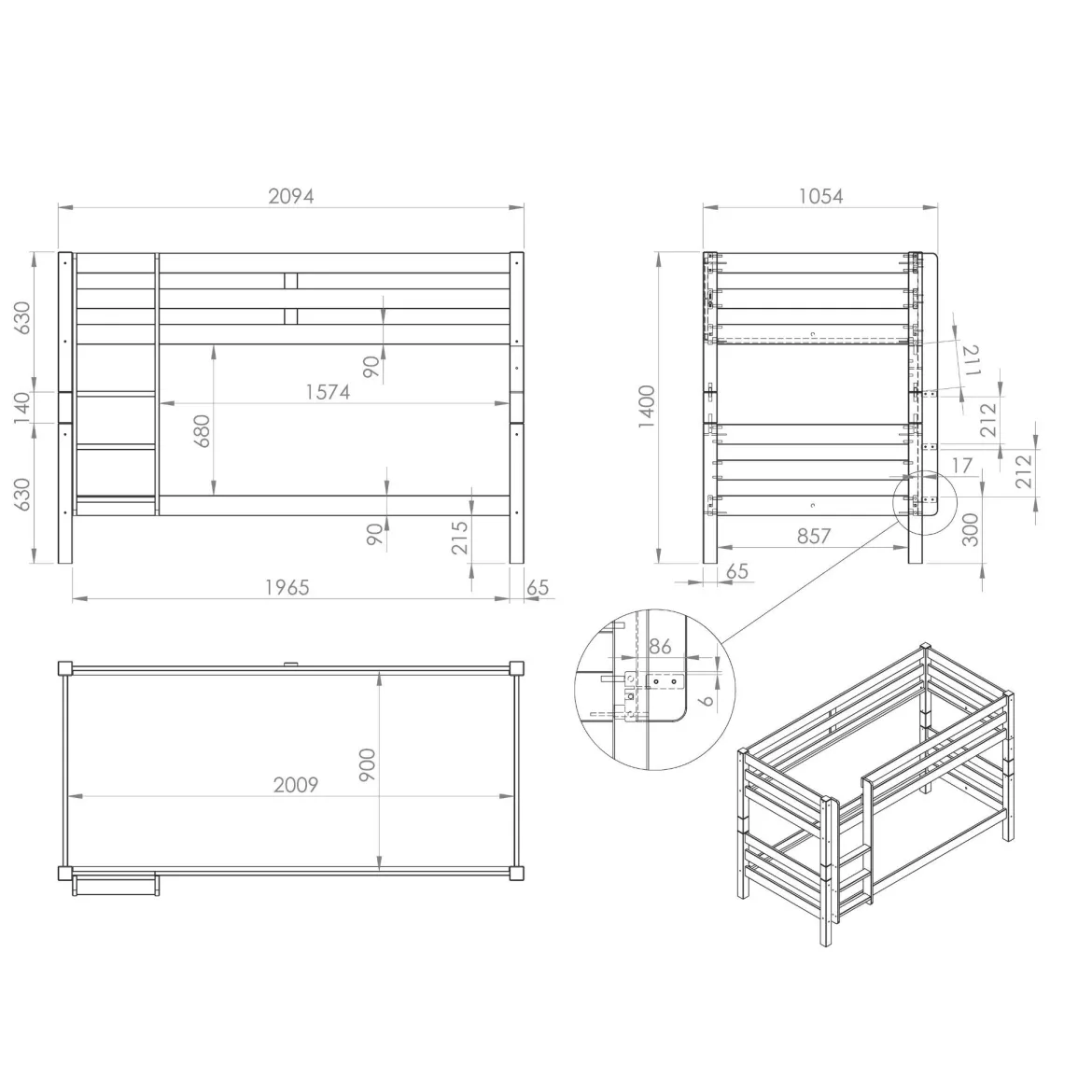 Lit superposé enfant en bois massif 90x200 cm - LT2041
