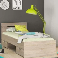 Lit tiroir avec niche de rangement en bois imitation chêne kronberg - LT202