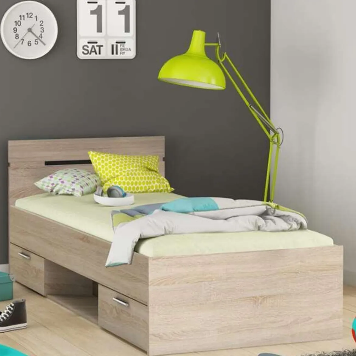Lit tiroir avec niche de rangement en bois imitation chêne kronberg - LT202