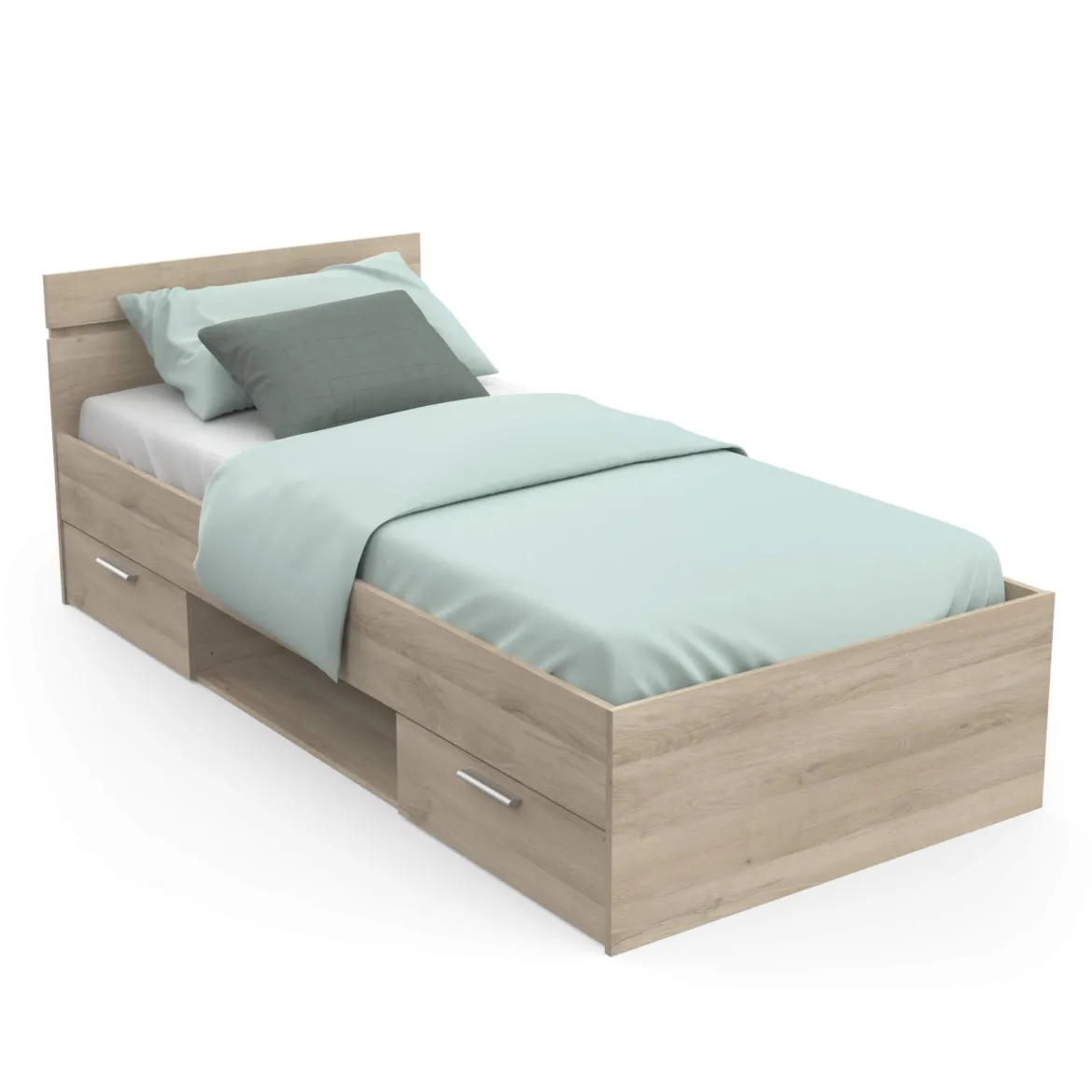 Lit tiroir avec niche de rangement en bois imitation chêne kronberg - LT202