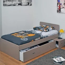 Lit tiroir enfant bois gris avec chevet Terre de Nuit