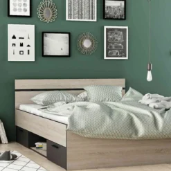 Lit 140x190 en bois chêne brossé et noir - LI171