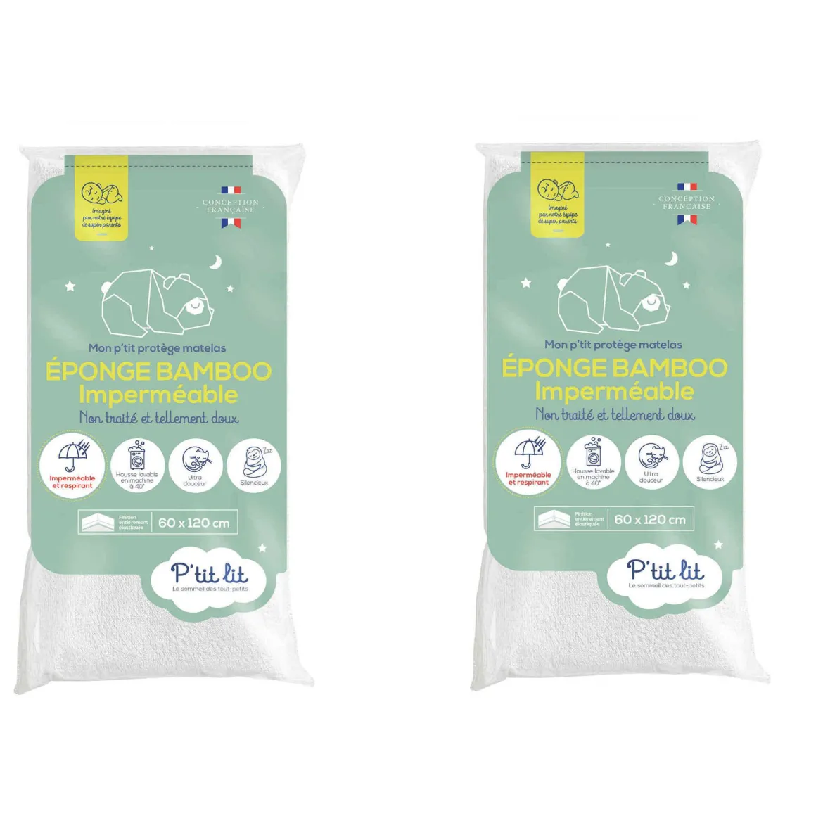 Lot de 2 protège matelas bébé imperméables éponge Bamboo sans traitement