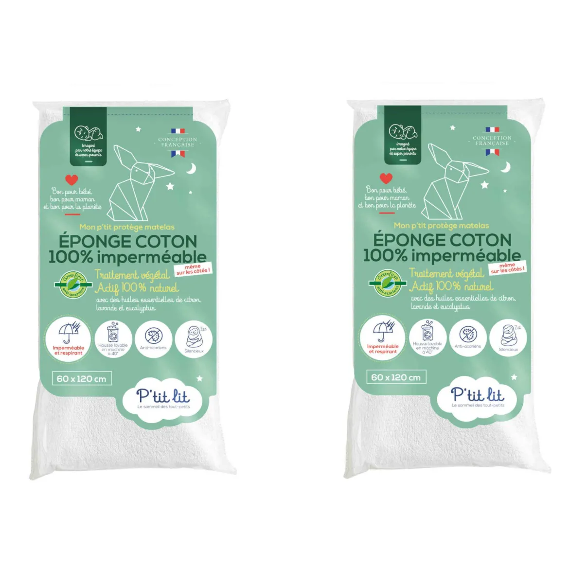 Lot de 2 protège matelas bébé éponge coton 100% imperméable et anti-acariens