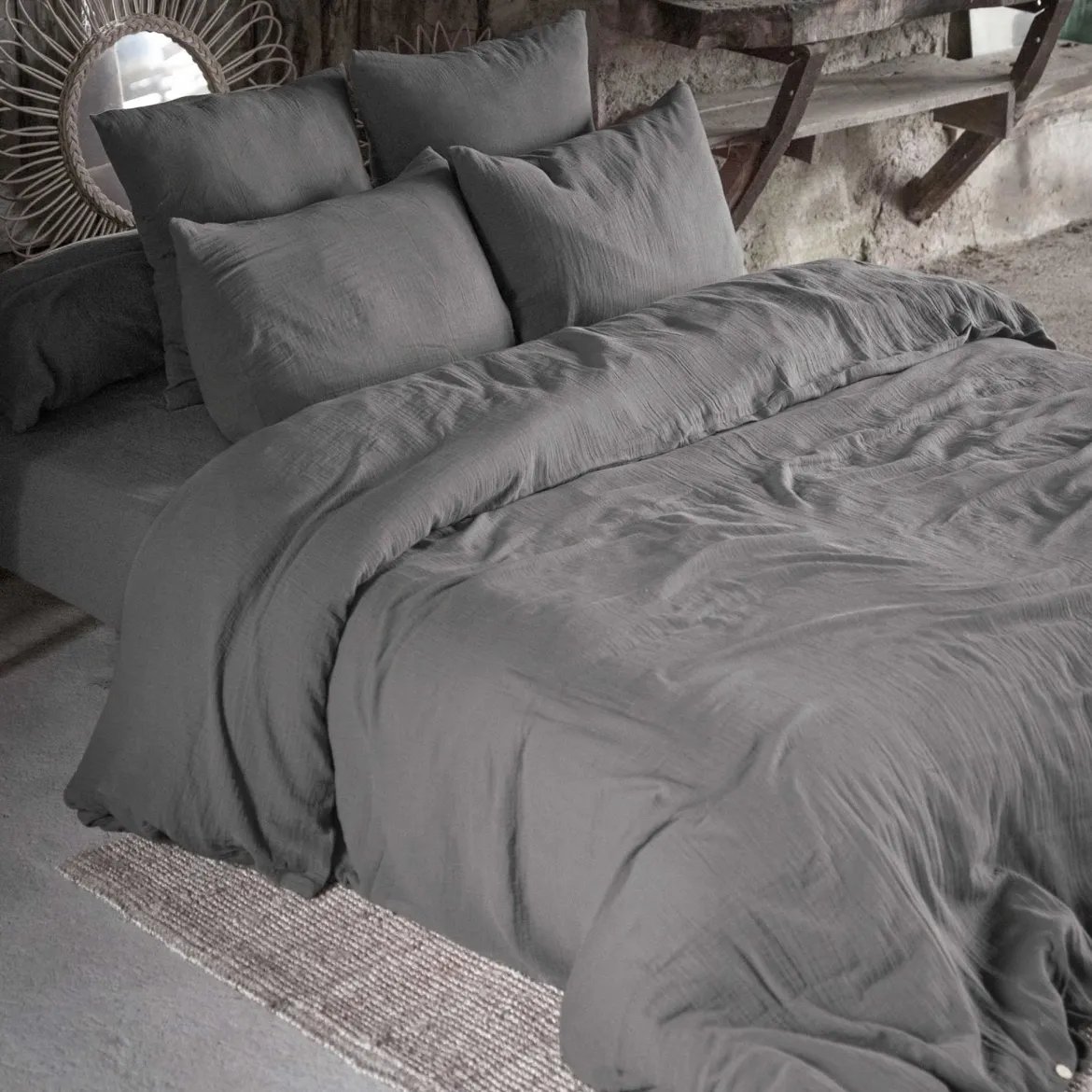 Lot de 2 taies d'oreillers double gaze de coton gris anthracite
