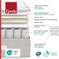 Matelas Epeda ressorts ensachés, mémoire de forme et laine L’Escapade