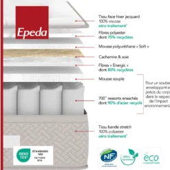 Matelas Epeda ressorts ensachés, cachemire et soie Beau Séjour