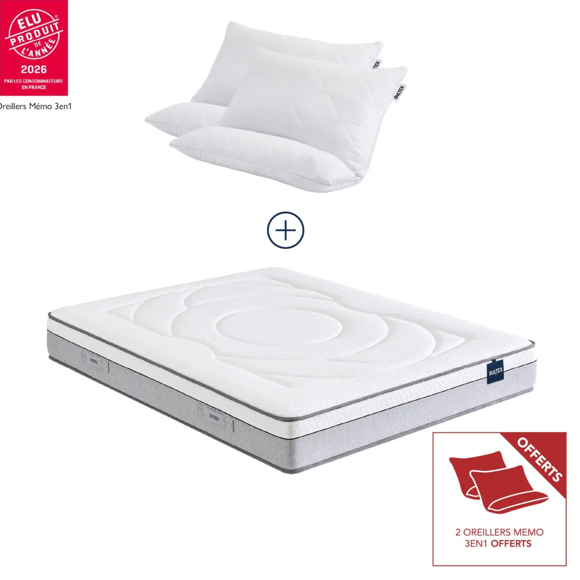 Pack matelas hybride Bultex Move + 2 oreillers 60x60 cm Bultex Memo 3-en-1 offerts