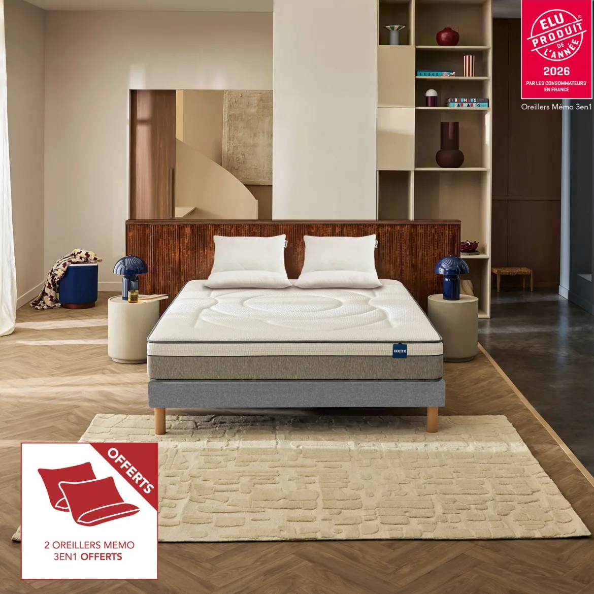 Pack matelas hybride Bultex Move + 2 oreillers 60x60 cm Bultex Memo 3-en-1 offerts