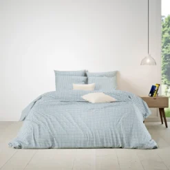 Parure de lit coton carreaux bleu Terre de Nuit Bibiane