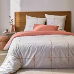 Parure de lit coton carreaux terracotta Terre de Nuit Axel