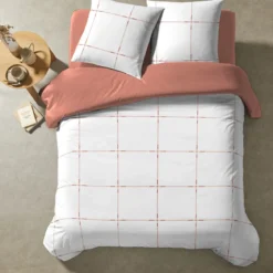 Parure de lit coton carreaux terracotta Terre de Nuit Axel