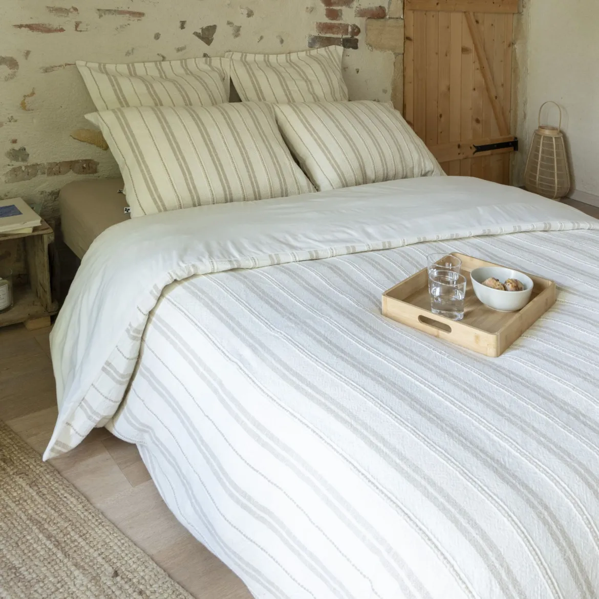 Parure de lit coton rayure blanc Terre de Nuit Olympe