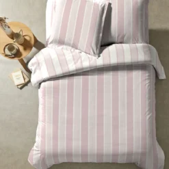 Parure de lit coton rayure rose Terre de Nuit Rosalie
