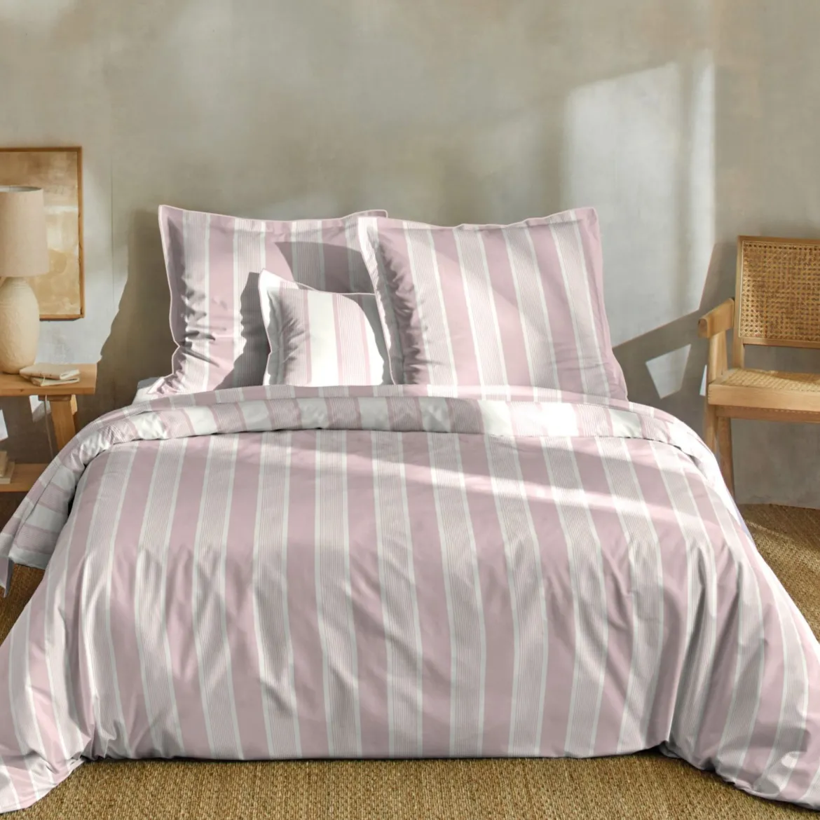 Parure de lit coton rayure rose Terre de Nuit Rosalie