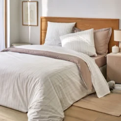 Parure de lit coton rayures taupe Terre de Nuit Ambre