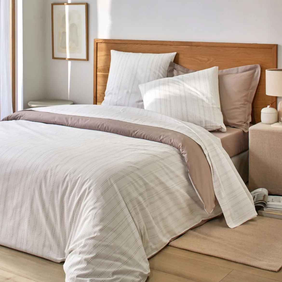 Parure de lit coton rayures taupe Terre de Nuit Ambre