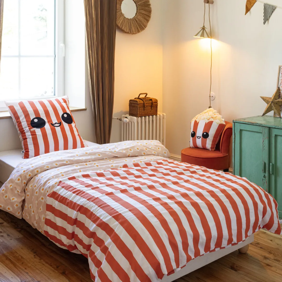 Parure de lit enfant coton rayures Terre de Nuit Fresh popcorn