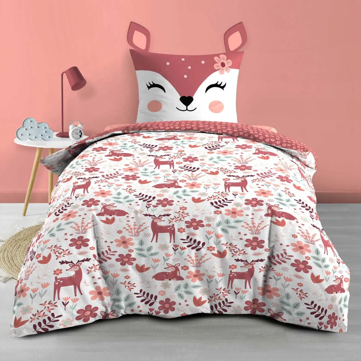 Parure de lit enfant réversible 140x200 coton Douceur d'Intérieur Biche