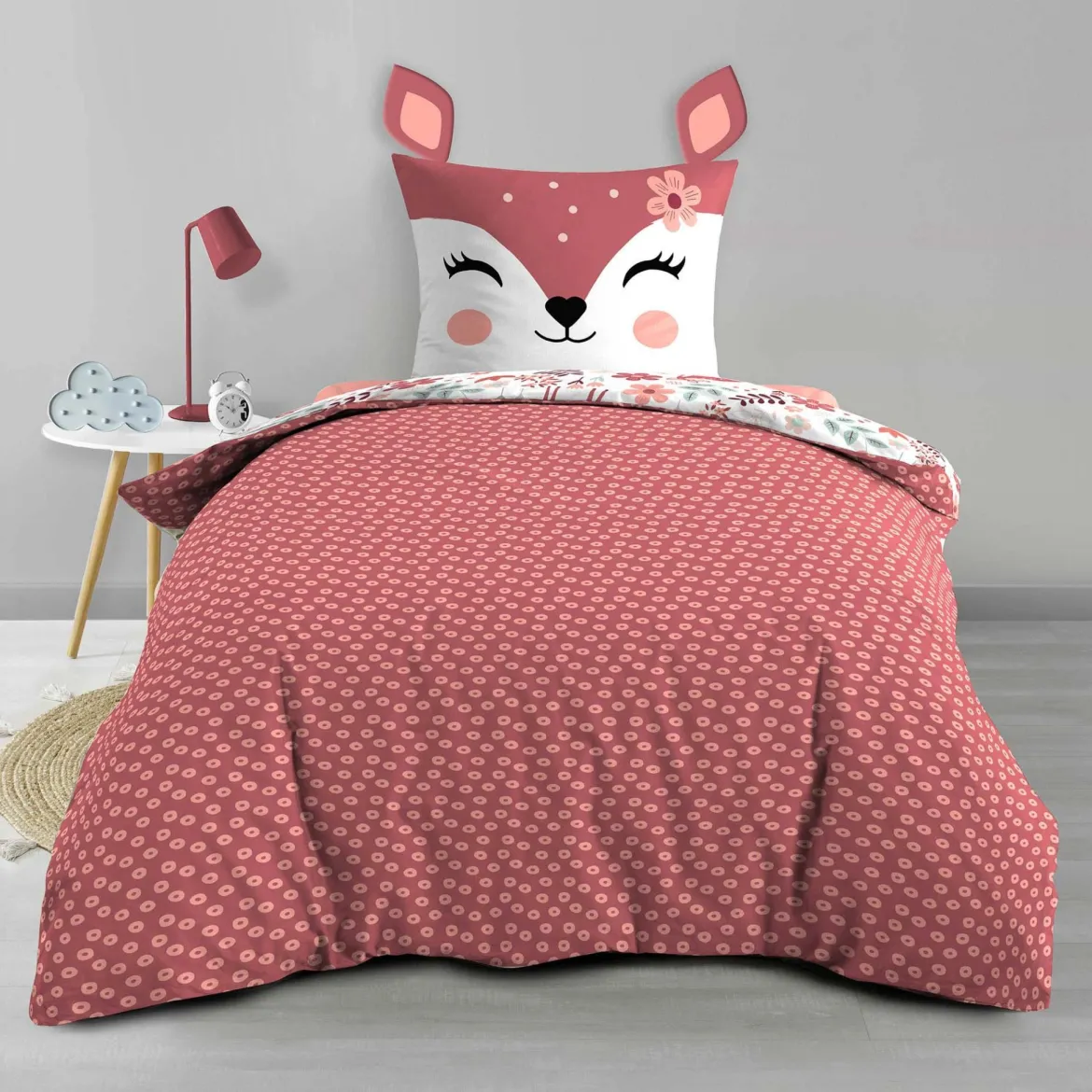 Parure de lit enfant réversible 140x200 coton Douceur d'Intérieur Biche
