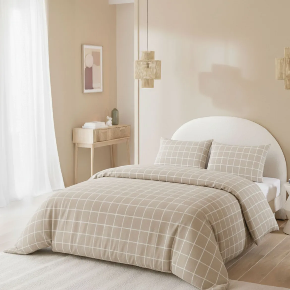 Parure de lit flanelle à carreaux beige Terre de Nuit