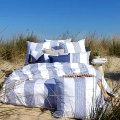 Parure de lit satin rayures bleue Terre de Nuit Mareen