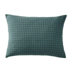 Taie d'oreiller à carreaux double gaze de coton bleu canard