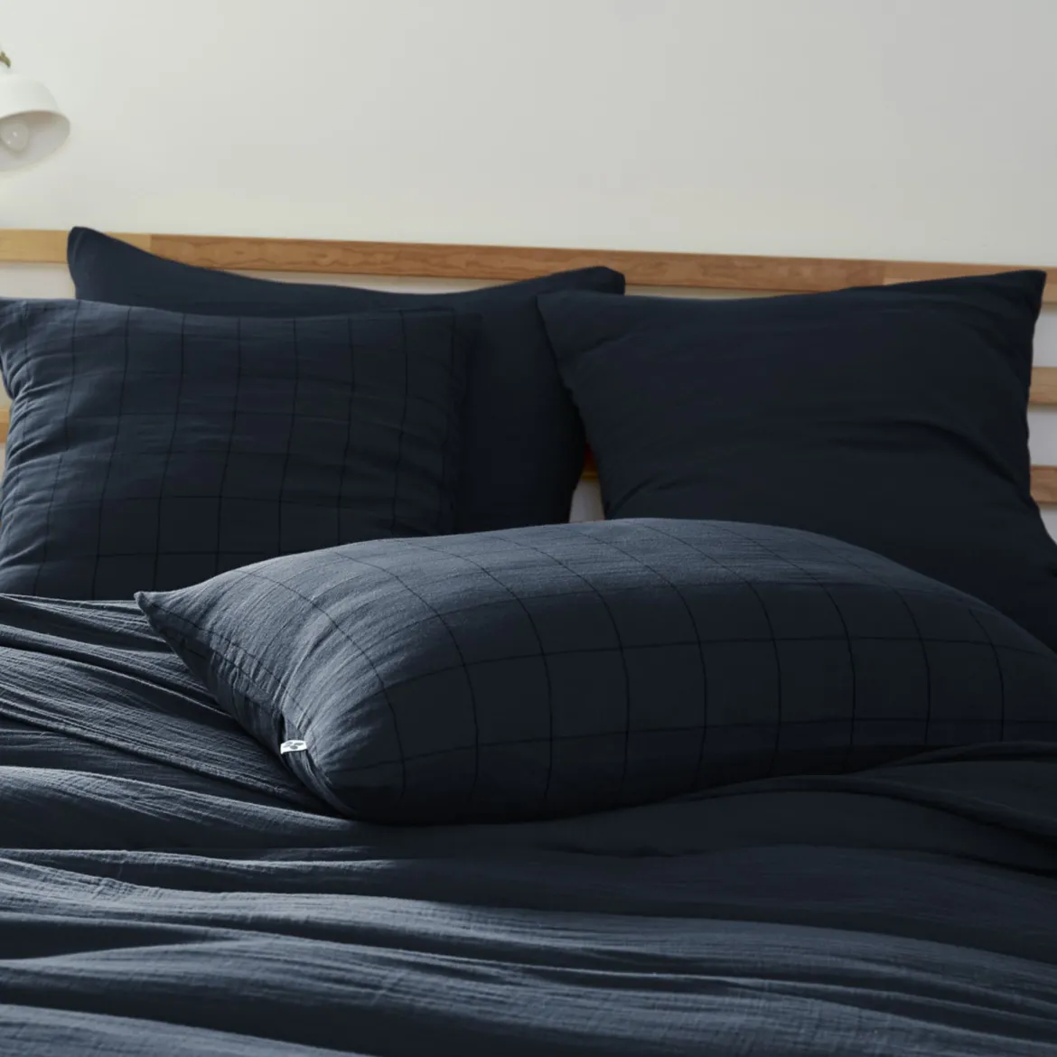 Taie d'oreiller double gaze de coton grands carreaux Terre de Nuit