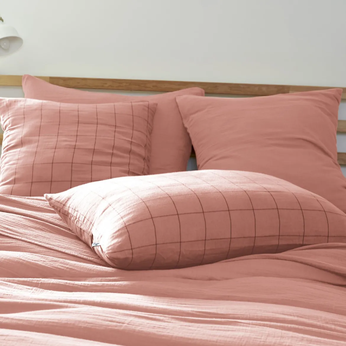 Taie d'oreiller double gaze de coton grands carreaux Terre de Nuit