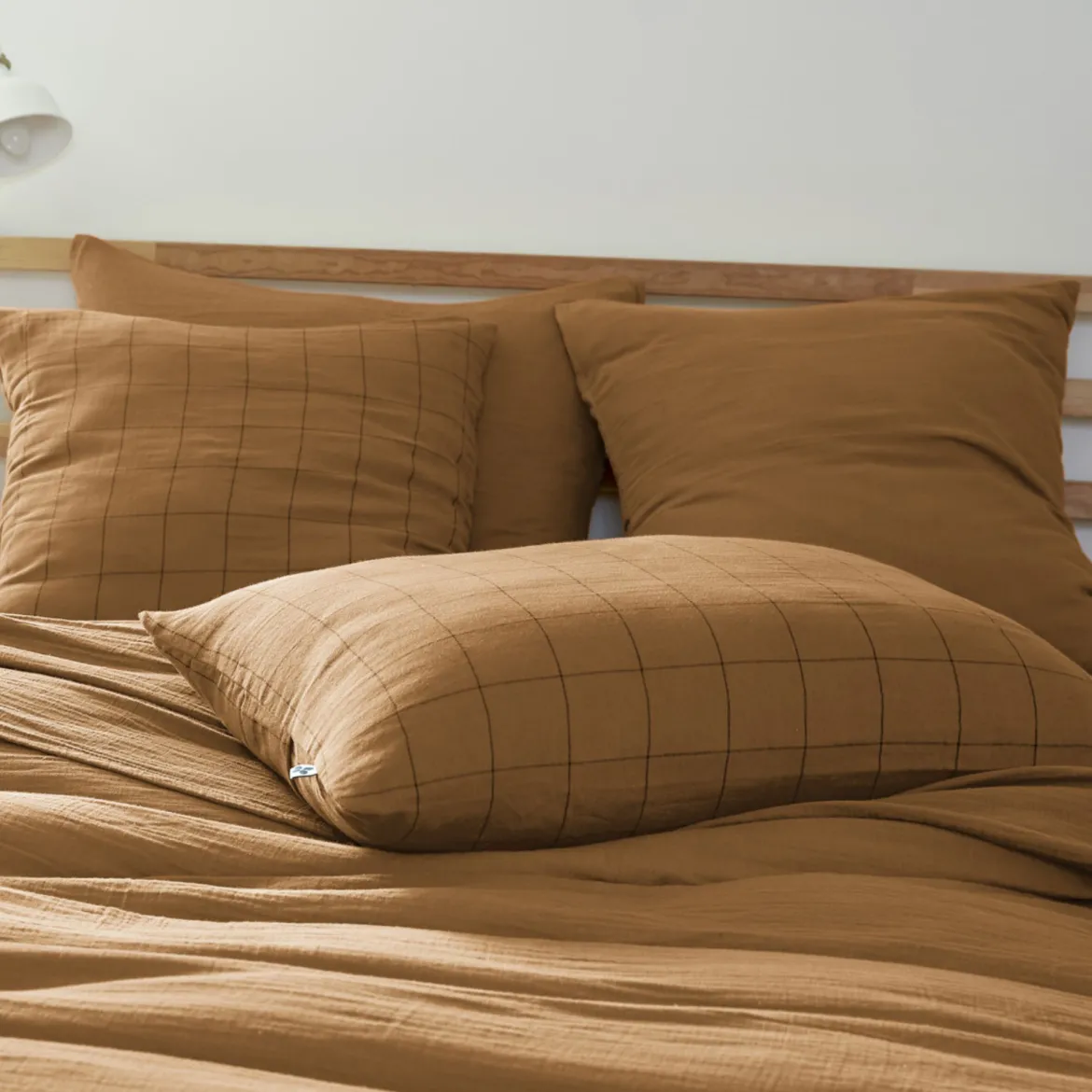Taie d'oreiller double gaze de coton grands carreaux Terre de Nuit
