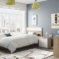 Tête de lit 1 personne avec 1 chevet 2 tiroirs - Blanc et chêne - TL81013