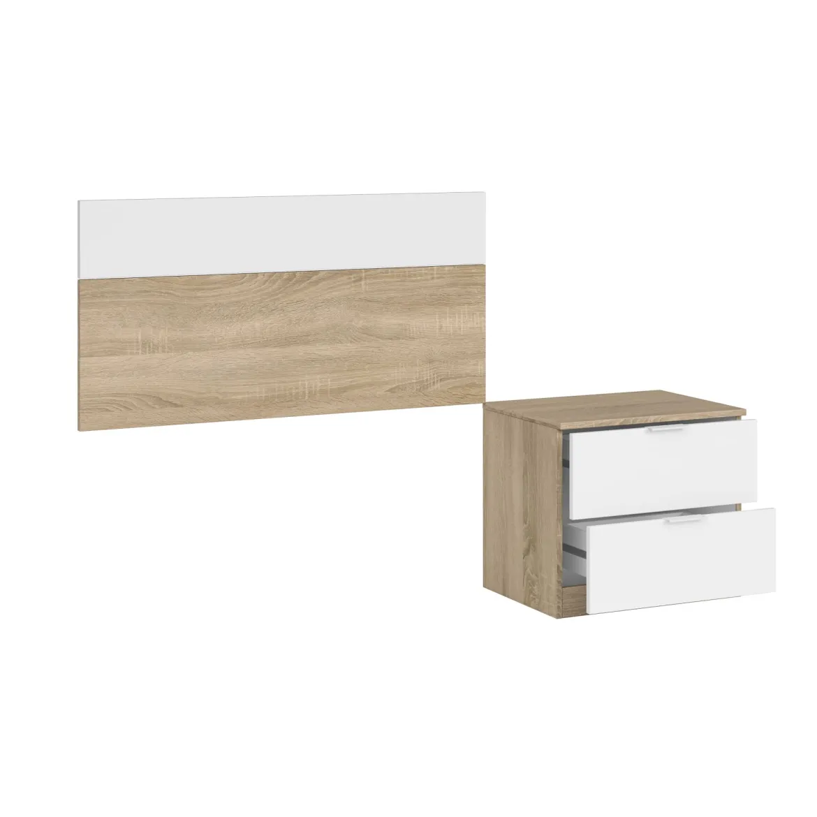 Tête de lit 1 personne avec 1 chevet 2 tiroirs - Blanc et chêne - TL81013