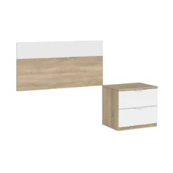 Tête de lit 1 personne avec 1 chevet 2 tiroirs - Blanc et chêne - TL81013