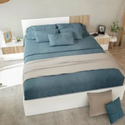 Tête de lit réversible avec 2 chevets 2 tiroirs - Blanc et bois naturel - TL81012